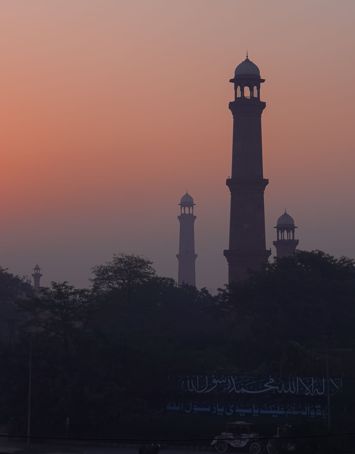Minarets of Badshahi Mosque at dusk, Lahore