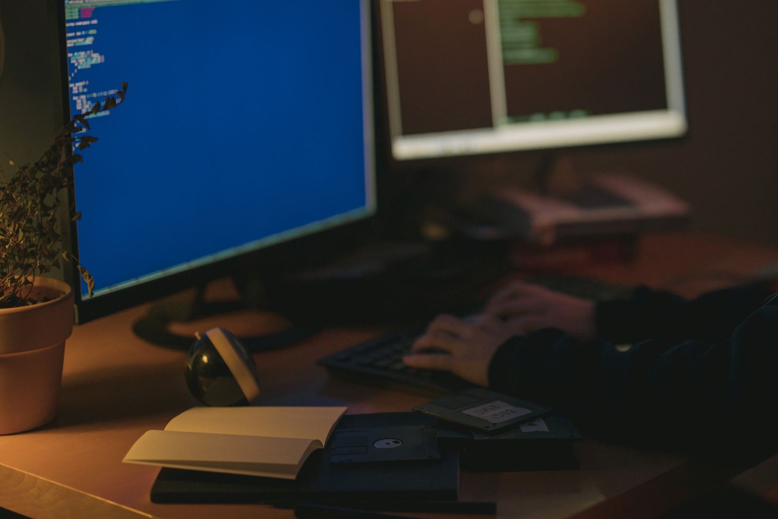 Late-night development work across two monitors